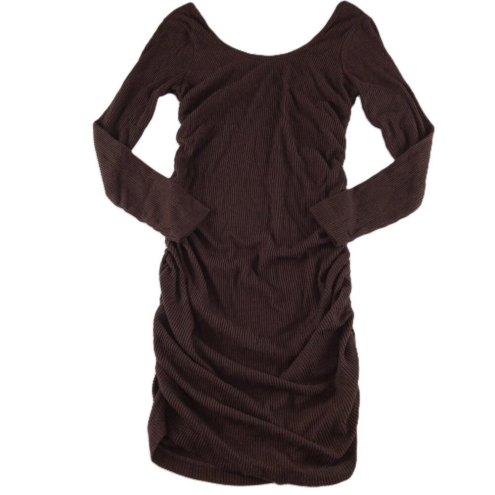 Chaser Women's Double Scoop Long Sleeve Shirred Bodycon Dress Size Small Brown